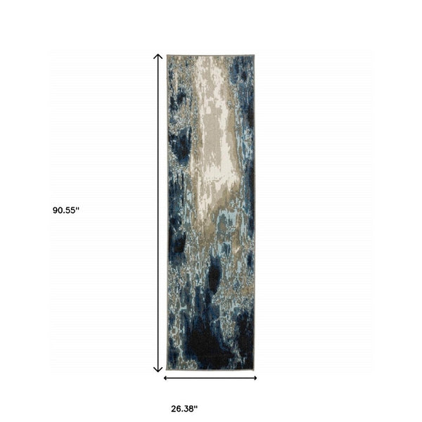 HomeRoots 2' Modern Abstract Power Loom Runner Rug in Blue, Grey, Charcoal, and Beige - Stain Resistant Design 2'3" x 7'6" 509842