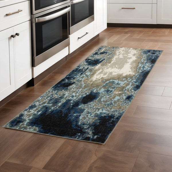 HomeRoots 2' Modern Abstract Power Loom Runner Rug in Blue, Grey, Charcoal, and Beige - Stain Resistant Design 2'3" x 7'6" 509842