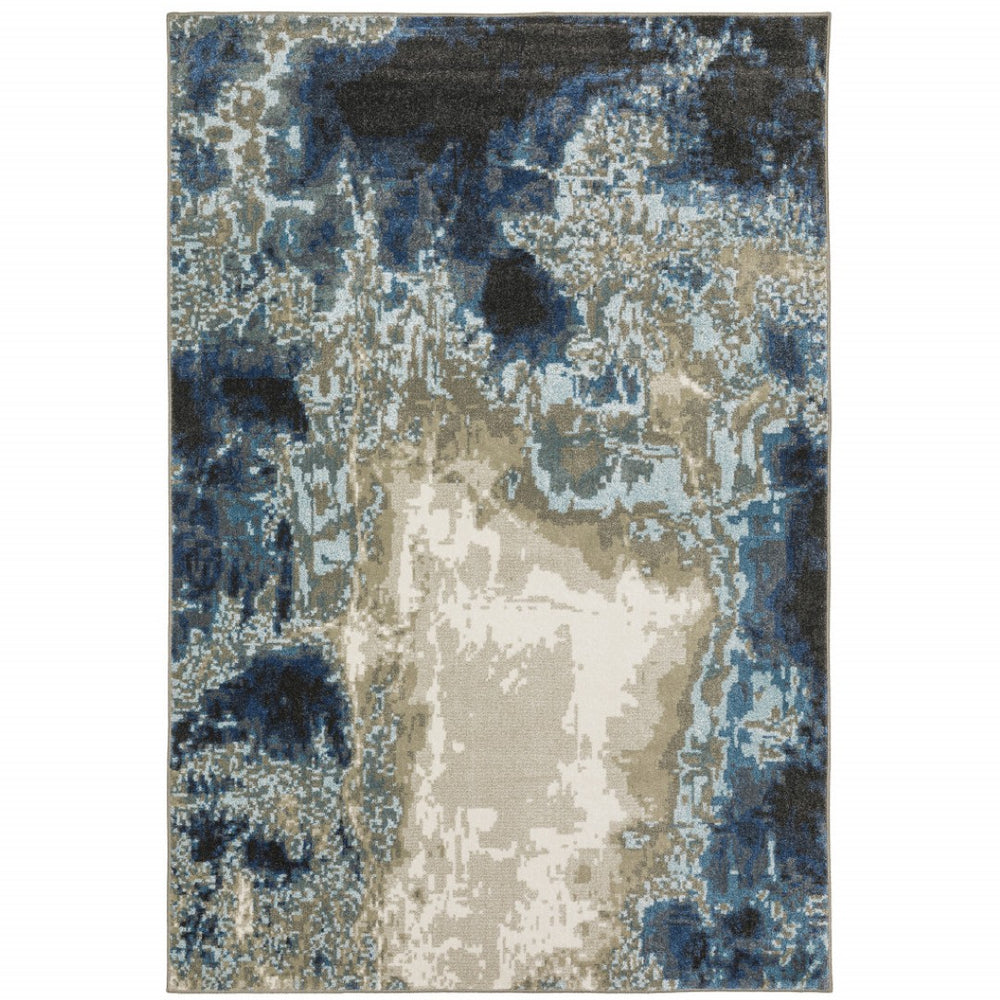 HomeRoots 2' Modern Abstract Power Loom Runner Rug in Blue, Grey, Charcoal, and Beige - Stain Resistant Design 4' X 6' 509843