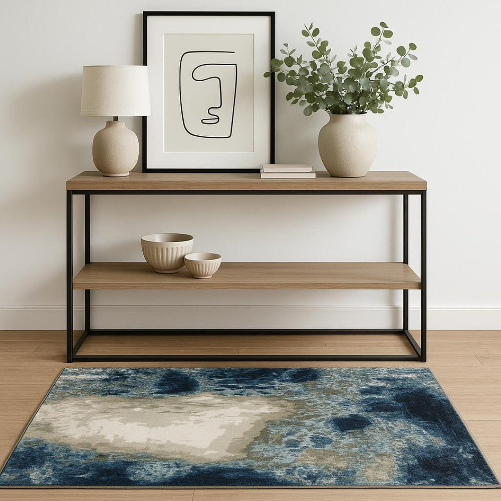 HomeRoots 2' Modern Abstract Power Loom Runner Rug in Blue, Grey, Charcoal, and Beige - Stain Resistant Design 4' X 6' 509843
