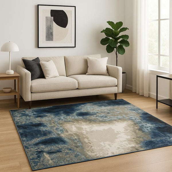 HomeRoots 2' Modern Abstract Power Loom Runner Rug in Blue, Grey, Charcoal, and Beige - Stain Resistant Design 5' X 7' 509844