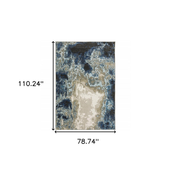 HomeRoots 2' Modern Abstract Power Loom Runner Rug in Blue, Grey, Charcoal, and Beige - Stain Resistant Design 7' X 9' 509845