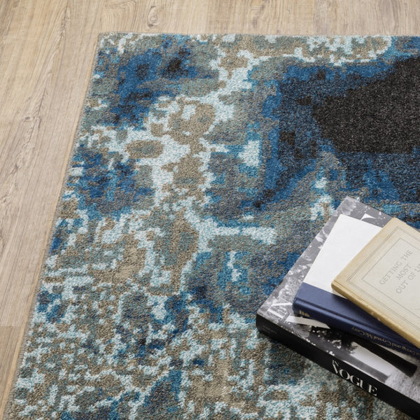 HomeRoots 2' Modern Abstract Power Loom Runner Rug in Blue, Grey, Charcoal, and Beige - Stain Resistant Design 7' X 9' 509845