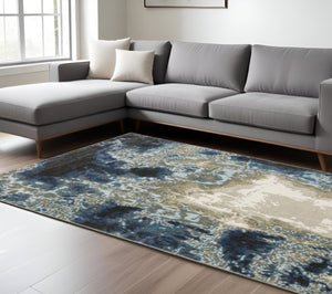 HomeRoots 2' Modern Abstract Power Loom Runner Rug in Blue, Grey, Charcoal, and Beige - Stain Resistant Design 8' X 11' 509846