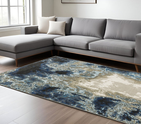 HomeRoots 2' Modern Abstract Power Loom Runner Rug in Blue, Grey, Charcoal, and Beige - Stain Resistant Design 8' X 11' 509846