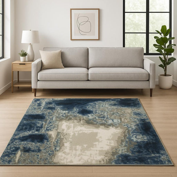 HomeRoots 2' Modern Abstract Power Loom Runner Rug in Blue, Grey, Charcoal, and Beige - Stain Resistant Design 10' X 13' 509847