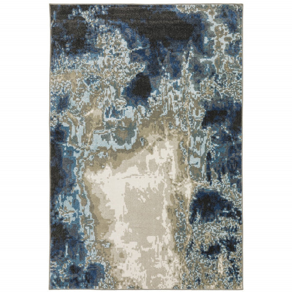HomeRoots 2' Modern Abstract Power Loom Runner Rug in Blue, Grey, Charcoal, and Beige - Stain Resistant Design 10' X 13' 509847