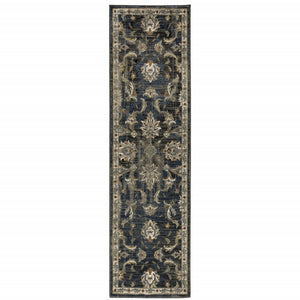 Homeroots 2' X 8' Charcoal Blue Gold Rust And Beige Oriental Power Loom Stain Resistant Runner Rug Charcoal,Blue Polypropylene 509860