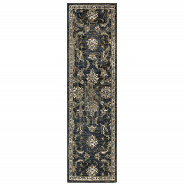 Homeroots 2' X 8' Charcoal Blue Gold Rust And Beige Oriental Power Loom Stain Resistant Runner Rug Charcoal,Blue Polypropylene 509860