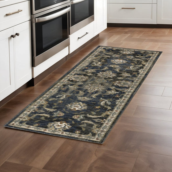 HomeRoots 2' Vintage Charm Oriental Power Loom Runner Rug – Stain Resistant, Durable for High-Traffic Areas Charcoal/ Blue 2'3" x 7'6" 509860