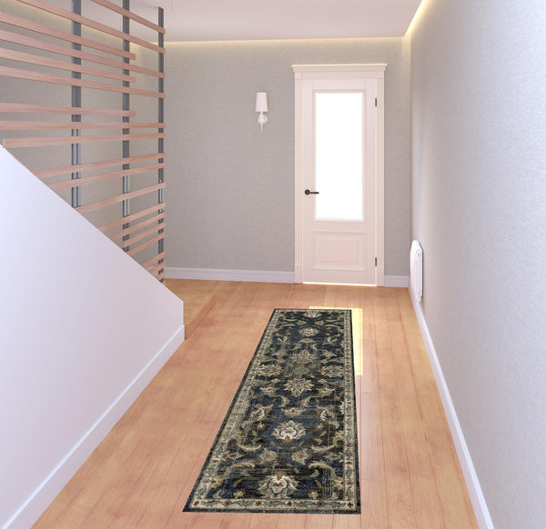 Homeroots 2' X 8' Charcoal Blue Gold Rust And Beige Oriental Power Loom Stain Resistant Runner Rug Charcoal,Blue Polypropylene 509860