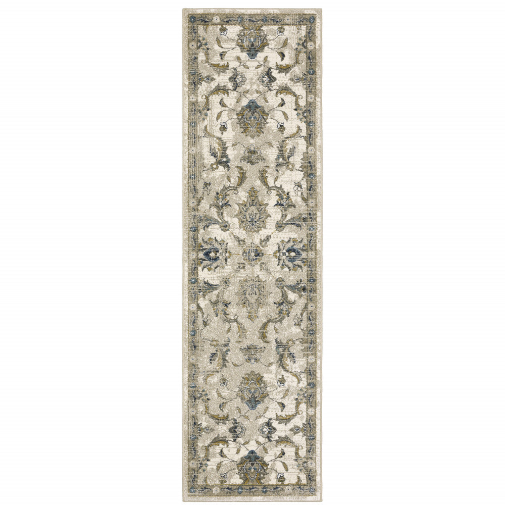 Homeroots 2' X 8' Beige Gold Blue And Grey Oriental Power Loom Stain Resistant Runner Rug Beige,Gold Polypropylene 509866
