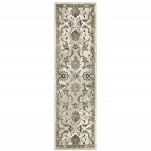 Homeroots 2' X 8' Beige Gold Blue And Grey Oriental Power Loom Stain Resistant Runner Rug Beige,Gold Polypropylene 509866