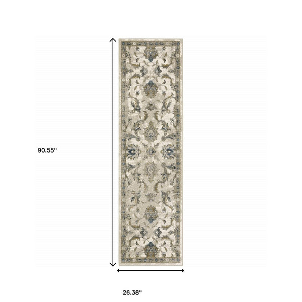 Homeroots 2' X 8' Beige Gold Blue And Grey Oriental Power Loom Stain Resistant Runner Rug Beige,Gold Polypropylene 509866