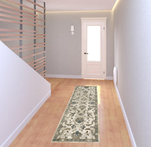 Homeroots 2' X 8' Beige Gold Blue And Grey Oriental Power Loom Stain Resistant Runner Rug Beige,Gold Polypropylene 509866