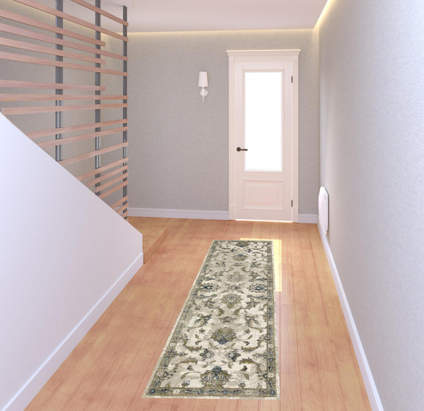 Homeroots 2' X 8' Beige Gold Blue And Grey Oriental Power Loom Stain Resistant Runner Rug Beige,Gold Polypropylene 509866