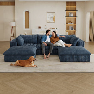 English Elm 118.2" Modular Cloud Sofa Corduroy Upholstered Deep Seat Lounge for Living Room Blue W2824S00155