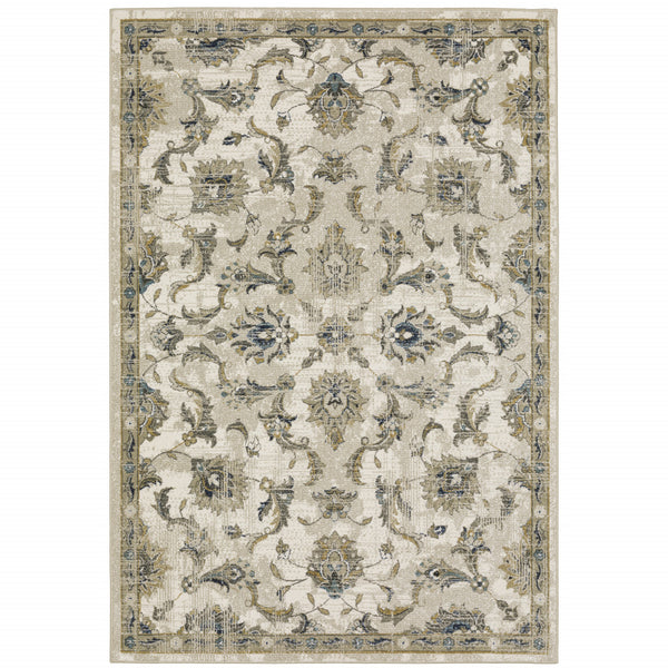Homeroots 5' X 7' Beige Gold Blue And Grey Oriental Power Loom Stain Resistant Area Rug Beige,Gold Polypropylene 509868