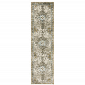 Homeroots 2' X 8' Grey Blue Beige And Gold Oriental Power Loom Stain Resistant Runner Rug  Polypropylene 509872