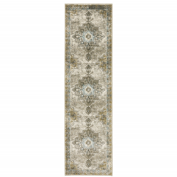 Homeroots 2' X 8' Grey Blue Beige And Gold Oriental Power Loom Stain Resistant Runner Rug  Polypropylene 509872