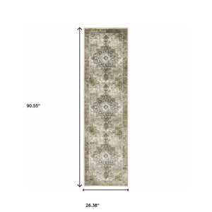 Homeroots 2' X 8' Grey Blue Beige And Gold Oriental Power Loom Stain Resistant Runner Rug  Polypropylene 509872