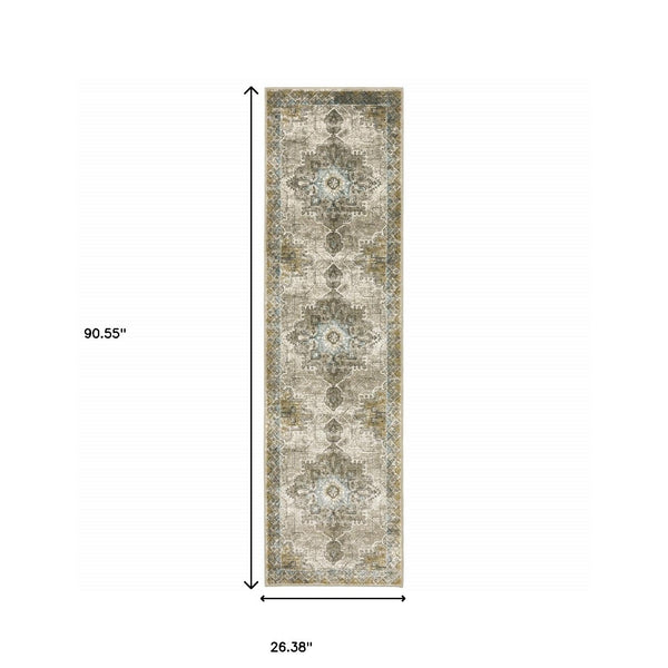 Homeroots 2' X 8' Grey Blue Beige And Gold Oriental Power Loom Stain Resistant Runner Rug  Polypropylene 509872