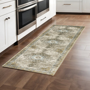 HomeRoots 2' Elegant Grey Blue Beige and Gold Oriental Power Loom Runner Rug – Stain Resistant & Durable Design 2'3" x 7'6" 509872