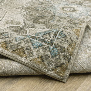 Homeroots 2' X 8' Grey Blue Beige And Gold Oriental Power Loom Stain Resistant Runner Rug  Polypropylene 509872