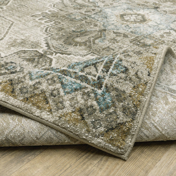 Homeroots 2' X 8' Grey Blue Beige And Gold Oriental Power Loom Stain Resistant Runner Rug  Polypropylene 509872