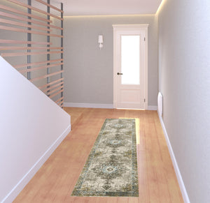 Homeroots 2' X 8' Grey Blue Beige And Gold Oriental Power Loom Stain Resistant Runner Rug  Polypropylene 509872