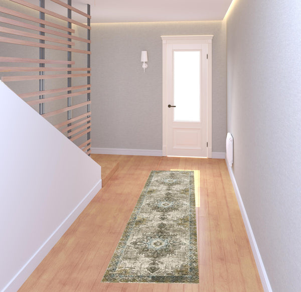 Homeroots 2' X 8' Grey Blue Beige And Gold Oriental Power Loom Stain Resistant Runner Rug  Polypropylene 509872