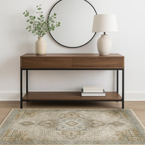 HomeRoots 2' Elegant Grey Blue Beige and Gold Oriental Power Loom Runner Rug – Stain Resistant & Durable Design 4' X 6' 509873