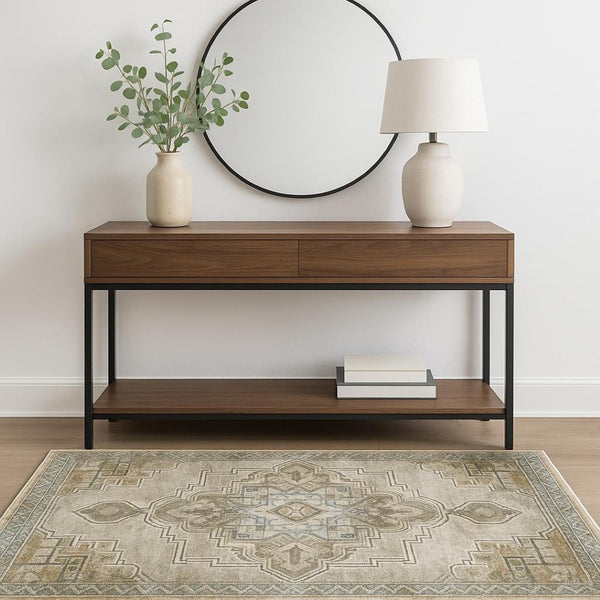 HomeRoots 2' Elegant Grey Blue Beige and Gold Oriental Power Loom Runner Rug – Stain Resistant & Durable Design 4' X 6' 509873