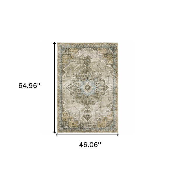 Homeroots 4' X 6' Grey Blue Beige And Gold Oriental Power Loom Stain Resistant Area Rug  Polypropylene 509873