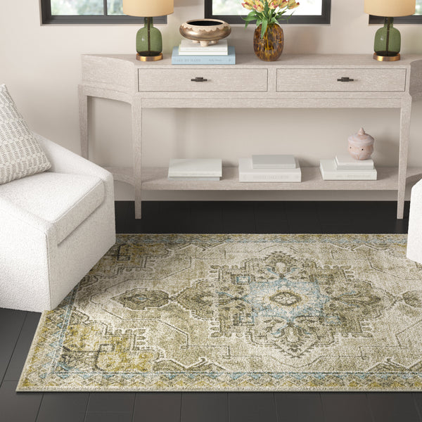 Homeroots 4' X 6' Grey Blue Beige And Gold Oriental Power Loom Stain Resistant Area Rug  Polypropylene 509873