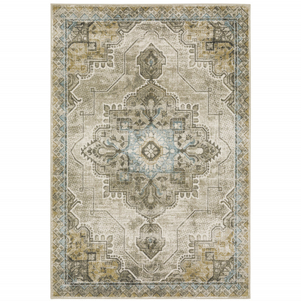 Homeroots 5' X 7' Grey Blue Beige And Gold Oriental Power Loom Stain Resistant Area Rug  Polypropylene 509874