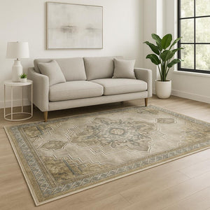 HomeRoots 2' Elegant Grey Blue Beige and Gold Oriental Power Loom Runner Rug – Stain Resistant & Durable Design 5' X 7' 509874