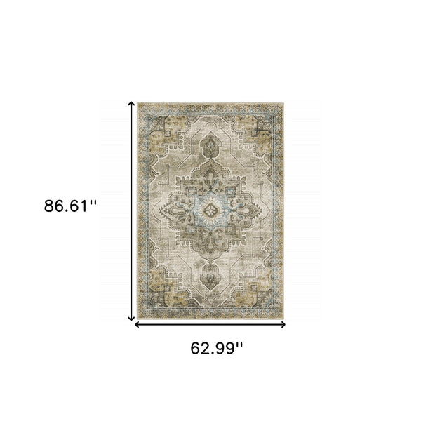 Homeroots 5' X 7' Grey Blue Beige And Gold Oriental Power Loom Stain Resistant Area Rug  Polypropylene 509874