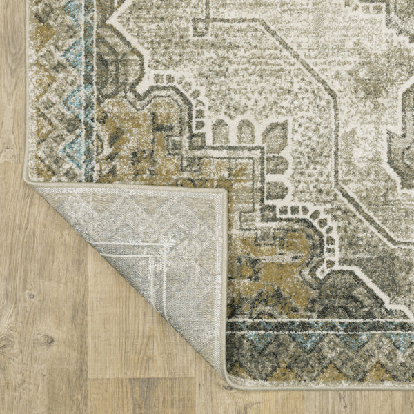 Homeroots 5' X 7' Grey Blue Beige And Gold Oriental Power Loom Stain Resistant Area Rug  Polypropylene 509874