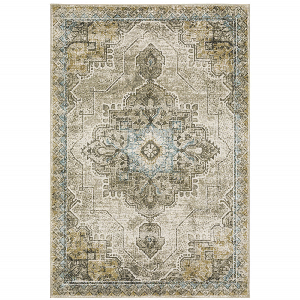 Homeroots 6' X 9' Grey Blue Beige And Gold Oriental Power Loom Stain Resistant Area Rug  Polypropylene 509875