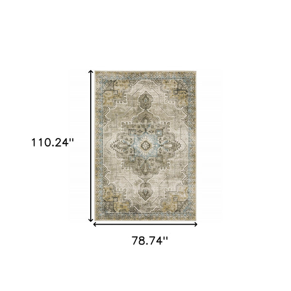 Homeroots 6' X 9' Grey Blue Beige And Gold Oriental Power Loom Stain Resistant Area Rug  Polypropylene 509875