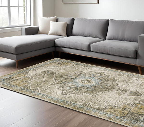 HomeRoots 2' Elegant Grey Blue Beige and Gold Oriental Power Loom Runner Rug – Stain Resistant & Durable Design 7' X 9' 509875