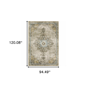 Homeroots 8' X 10' Grey Blue Beige And Gold Oriental Power Loom Stain Resistant Area Rug  Polypropylene 509876