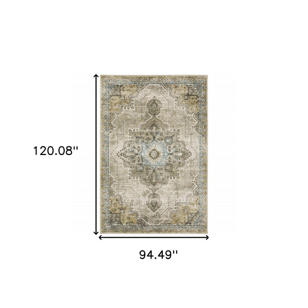 Homeroots 8' X 10' Grey Blue Beige And Gold Oriental Power Loom Stain Resistant Area Rug  Polypropylene 509876