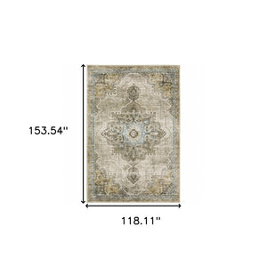 HomeRoots 2' Elegant Grey Blue Beige and Gold Oriental Power Loom Runner Rug – Stain Resistant & Durable Design 10' X 13' 509877