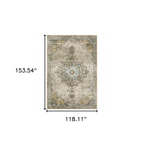 HomeRoots 2' Elegant Grey Blue Beige and Gold Oriental Power Loom Runner Rug – Stain Resistant & Durable Design 10' X 13' 509877