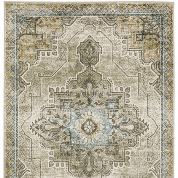 Homeroots 10' X 13' Grey Blue Beige And Gold Oriental Power Loom Stain Resistant Area Rug  Polypropylene 509877