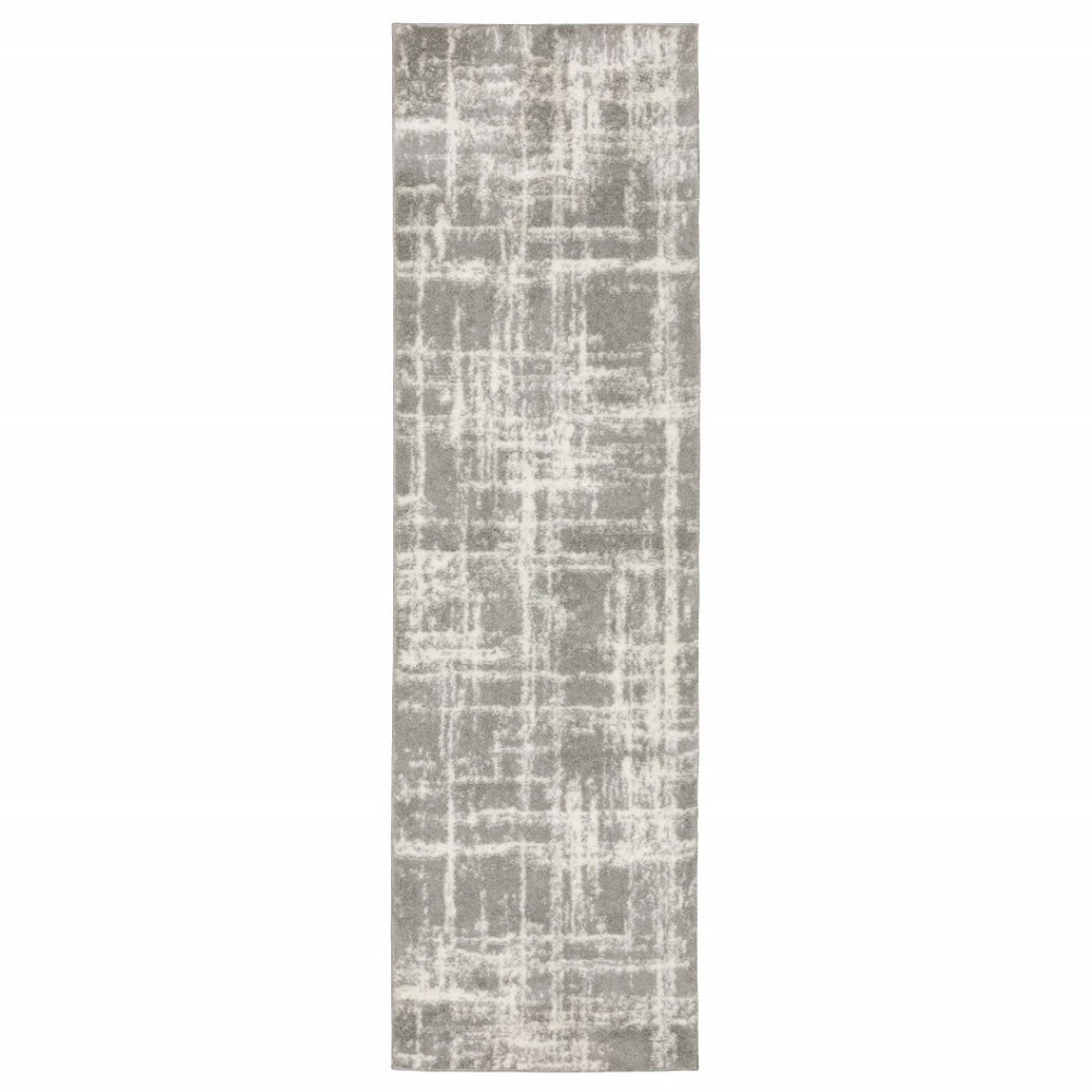 HomeRoots 2' Grey and Ivory Abstract Shag Runner Rug - Stylish, Stain-Resistant, Soft for High-Traffic Areas 2'3" x 7'6" 509878