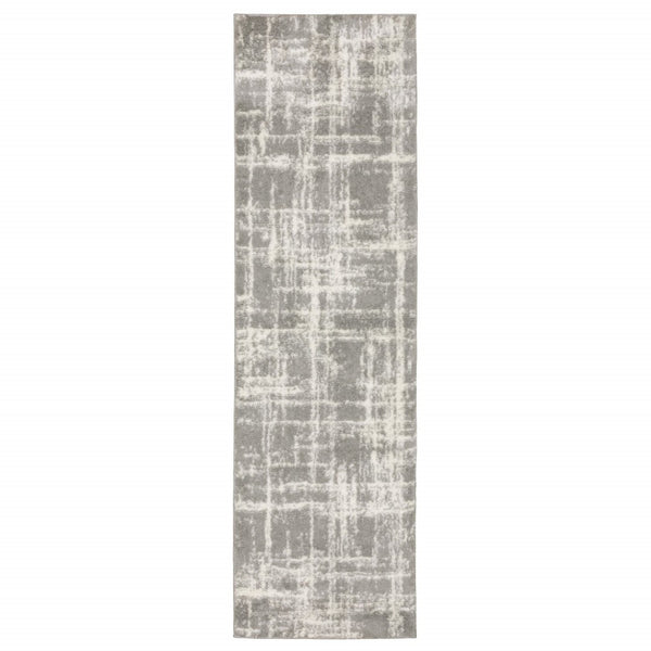 HomeRoots 2' Grey and Ivory Abstract Shag Runner Rug - Stylish, Stain-Resistant, Soft for High-Traffic Areas 2'3" x 7'6" 509878