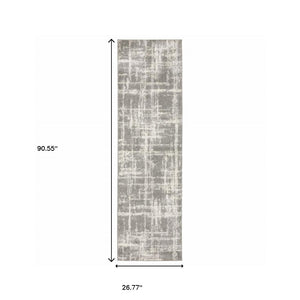 HomeRoots 2' Grey and Ivory Abstract Shag Runner Rug - Stylish, Stain-Resistant, Soft for High-Traffic Areas 2'3" x 7'6" 509878